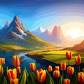 Spring landscape field tulips against backdrop mountains. Huge field colorful tulips, sky with clouds and sunset with Royalty Free Stock Photo