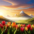 Spring landscape field tulips against backdrop mountains. Huge field colorful tulips, sky with clouds and sunset with Royalty Free Stock Photo