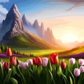 Spring landscape field tulips against backdrop mountains. Huge field colorful tulips, sky with clouds and sunset with Royalty Free Stock Photo