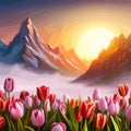 Spring landscape field tulips against backdrop mountains. Huge field colorful tulips, sky with clouds and sunset with Royalty Free Stock Photo