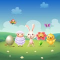 Easter bunny and friends celebrate Easter and spring - egg chicken sheep flower butterfly and bee-eater bird on spring landscape b Royalty Free Stock Photo