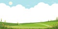 Spring landscape with flower,Tree in park,Cartoon Vector illustration green grass meadow on hills with cloud blue sky,Banner Royalty Free Stock Photo