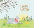 Spring landscape forest and Easter lamb on the meadow and willow with daffodil vintage vector illustration editable
