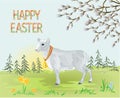 Spring landscape forest and Easter lamb on the meadow and willow with daffodil vintage vector illustration editable