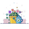 Spring landscape with garden tools - color flowers, green plants, blue watering can. Cartoon flat line style vector illustration. Royalty Free Stock Photo