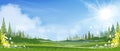 Spring landscape with grass field, blue sky and fluffy clouds,Panorama farm land,fresh and peaceful rural nature in springtime in Royalty Free Stock Photo