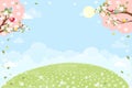 Spring landscape green field with cherry blossom frame,Vector cartoon Summer scene with bird on white Sakura branches and daisy Royalty Free Stock Photo
