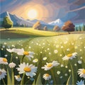 Spring landscape in green field with white daisies and sunset, Vector Royalty Free Stock Photo