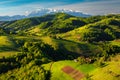 Spring landscape with green forest and snowy mountains, Holbav, Romania Royalty Free Stock Photo