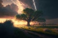 Spring landscape with a huge tree. Generative ai illustration. Royalty Free Stock Photo