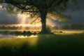 Spring landscape with a huge tree. Generative ai illustration. Royalty Free Stock Photo