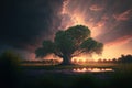 Spring landscape with a huge tree. Generative ai illustration. Royalty Free Stock Photo