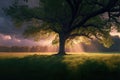 Spring landscape with a huge tree. Generative ai illustration. Royalty Free Stock Photo
