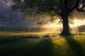 Spring landscape with a huge tree. Generative ai illustration. Royalty Free Stock Photo