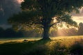Spring landscape with a huge tree. Generative ai illustration. Royalty Free Stock Photo