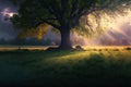 Spring landscape with a huge tree. Generative ai illustration. Royalty Free Stock Photo