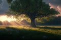 Spring landscape with a huge tree. Generative ai illustration. Royalty Free Stock Photo