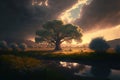 Spring landscape with a huge tree. Generative ai illustration. Royalty Free Stock Photo
