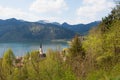 Spring landscape with lake view, Schliersee, St Sixtus Church, lookout point Haiderdenkmal, bavaria