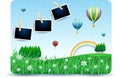 Spring landscape with meadows, balloons and photo frames