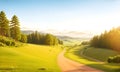 Spring landscape morning in valley with green meadow on hills, orang and blue sky, Spring panorama forest view by the dirt road,