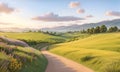 Spring landscape morning in valley with green meadow on hills, orang and blue sky, Spring panorama forest view by the dirt road, Royalty Free Stock Photo