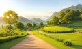 Spring landscape morning in valley with green meadow on hills, orang and blue sky, Spring panorama forest view by the dirt road, Royalty Free Stock Photo