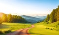 Spring landscape morning in valley with green meadow on hills, orang and blue sky, Spring panorama forest view by the dirt road, Royalty Free Stock Photo