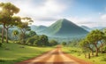 Spring landscape morning in valley with green meadow on hills, orang and blue sky, Spring panorama forest view by the dirt road, Royalty Free Stock Photo