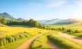 Spring landscape morning in valley with green meadow on hills, orang and blue sky, Spring panorama forest view by the dirt road