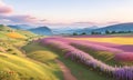 Spring landscape morning in valley with green meadow on hills, orang and blue sky, Spring panorama forest view by the dirt road, Royalty Free Stock Photo