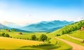 Spring landscape morning in village with green meadow on hills, orang and blue sky, Spring panorama view, Countryside, green field