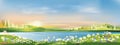 Spring landscape morning in village with green meadow on hills,orang and blue sky, Vector cartoon Summer or Spring panorama view