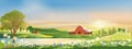 Spring landscape morning in village with wooden bann on hills,orang and blue sky, Vector Summer or Spring panorama view by the