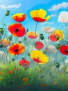 Spring landscape Nature red poppies in a field against a blue sky with clouds. Royalty Free Stock Photo