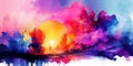 Spring landscape painted with watercolor. Strong colors in the morning. The rising sun over a picturesque meadow. Royalty Free Stock Photo