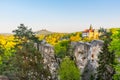 Spring landscape panorama of Bohemian Paradise, Czech: Cesky Raj. Hruba Skala castle and Trosky ruins. Czech Republic Royalty Free Stock Photo