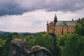 Spring landscape panorama of Bohemian Paradise, Czech: Cesky Raj. Hruba Skala castle and Trosky ruins. Czech Republic Royalty Free Stock Photo