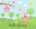 Spring landscape with pink bunny, birdhouse, chick, flowers and butterflies. Spring and Easter greeting card. Green meadow and Royalty Free Stock Photo