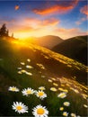 Spring landscape poppy field on background mountains with. Sunset sky, wildlife