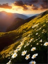 Spring landscape poppy field on background mountains with. Sunset sky, wildlife