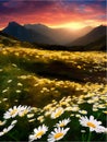 Spring landscape poppy field on background mountains with. Sunset sky, wildlife