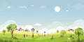 Spring landscape in public park with people relaxing outdoors in the garden.Cute cartoon spring time backdrop with green fields,