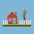 Spring landscape. Red house, fence and flowering tree with leaves. Countryside life. Vector illustration in flat style. Royalty Free Stock Photo