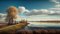 A spring landscape with a river and trees and a blue sky with the sun shining through, generative AI Royalty Free Stock Photo