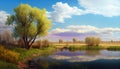 A spring landscape with a river and trees and a blue sky with the sun shining through, generative AI Royalty Free Stock Photo