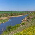 Landscape with rocky Sura riverside and summer cottages near Dnipro city, Ukraine