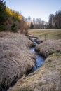 Spring landscape with romantic creek, forest and blue sky