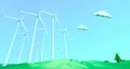 landscape with rows of windmills in the green field. Alternative and renewable energies concept. 3d illustration