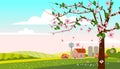 Spring landscape rural countryside, blossom tree, rural nature with farm. Panorama springtime green fields, blue sky Royalty Free Stock Photo